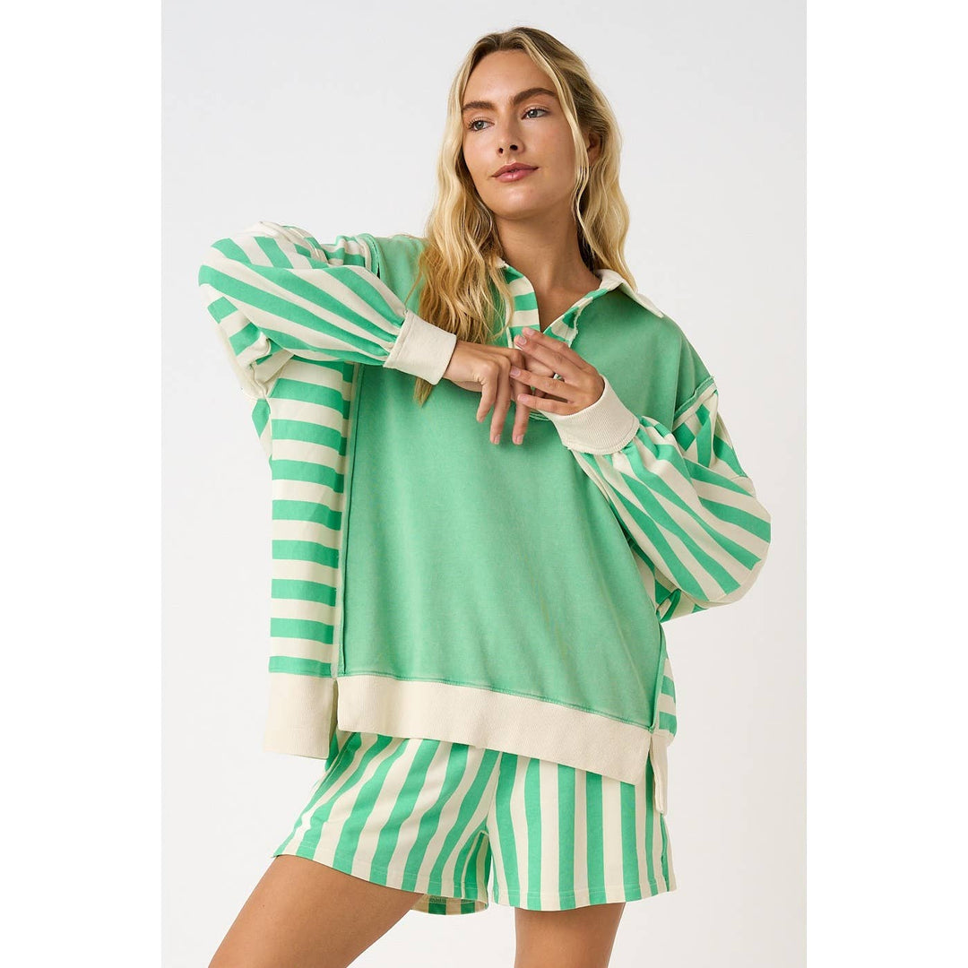 STRIPED COLORBLOCK RUGBY PULLOVER AND SHORTS SET
