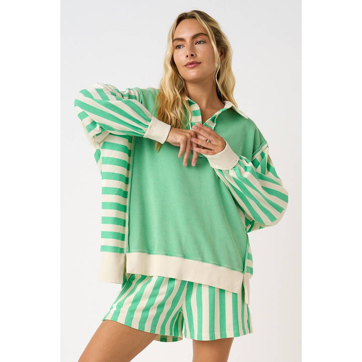 STRIPED COLORBLOCK RUGBY PULLOVER AND SHORTS SET