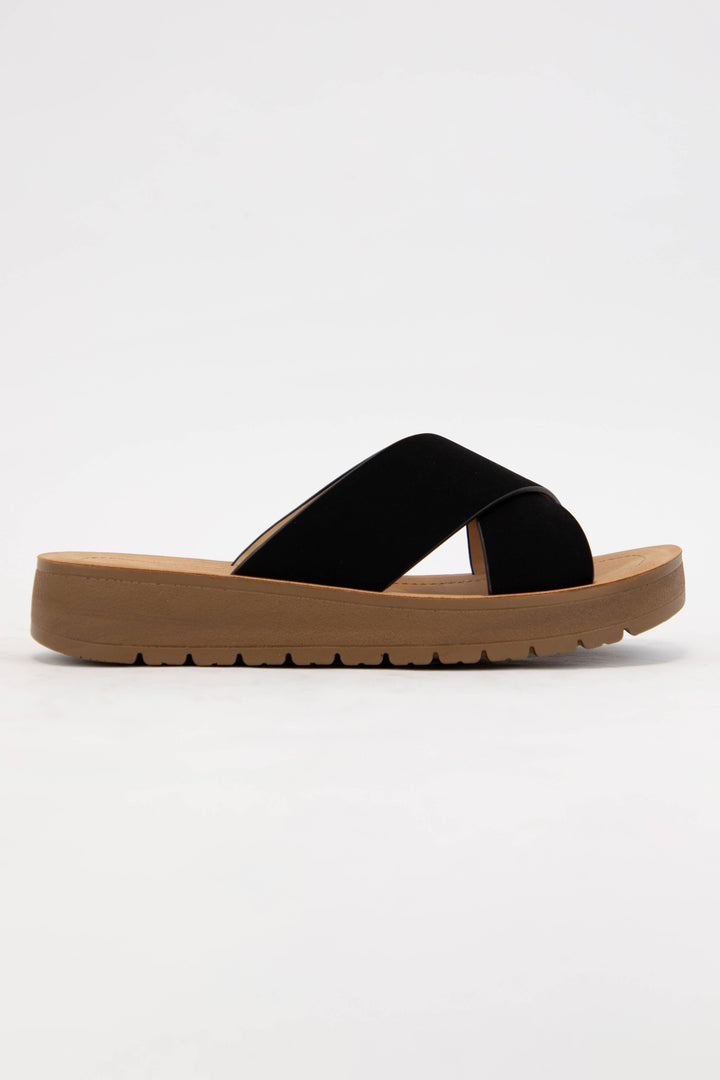 LUCY LIGHT-WEIGHT WEDGE PLATFORM CROSS STRAP SLIDE SANDAL