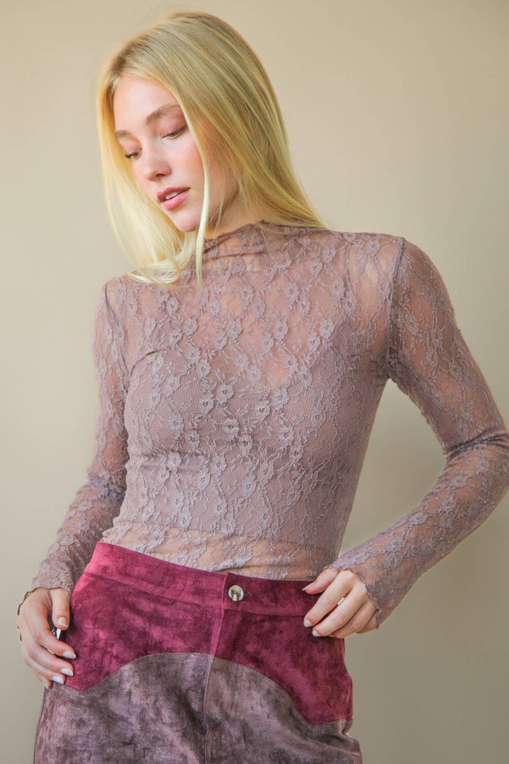 Very J Fitted Sheer Mesh Lace Top