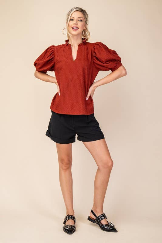 Ruffle V-Neck Puff Sleeve Top