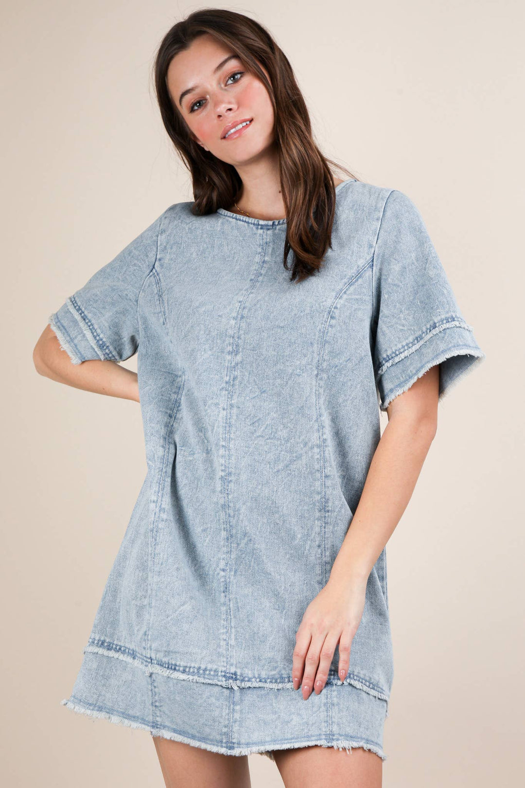 ND31576-Washed Denim Shift Mini Dress