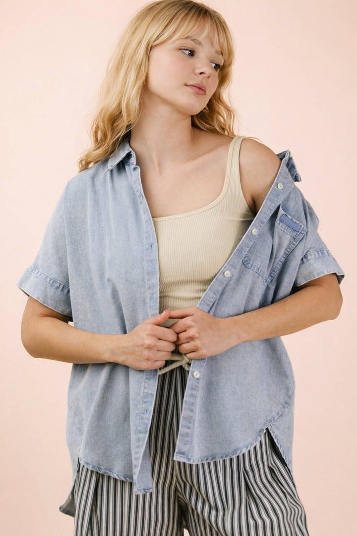 Mineral Washed Chambray Oversized Shirt Top