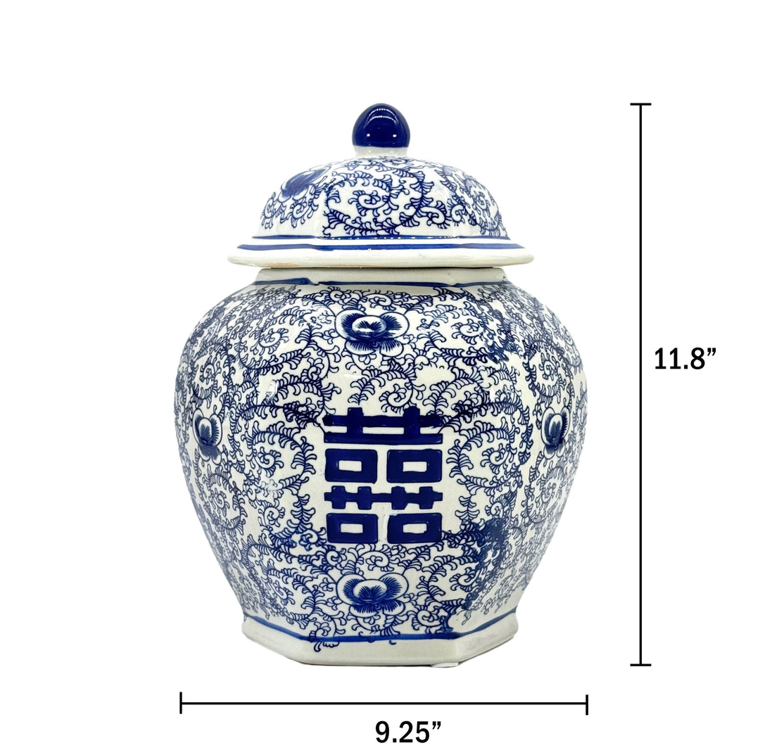 Blue & White Chinoiserie Porcelain Jar 12" Happiness
