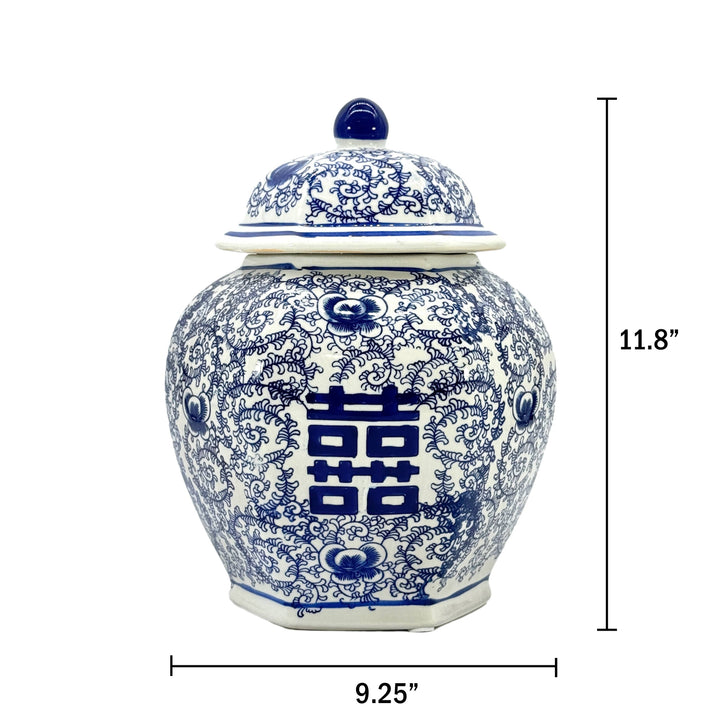 Blue & White Chinoiserie Porcelain Jar 12" Happiness
