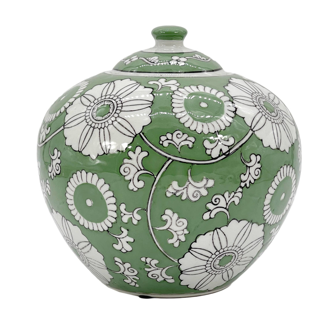 Green & White Floral Ceramic Chinoiserie Ginger Jar 8"