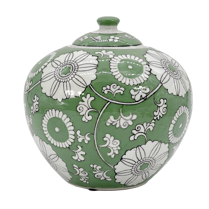 Green & White Floral Ceramic Chinoiserie Ginger Jar 8"