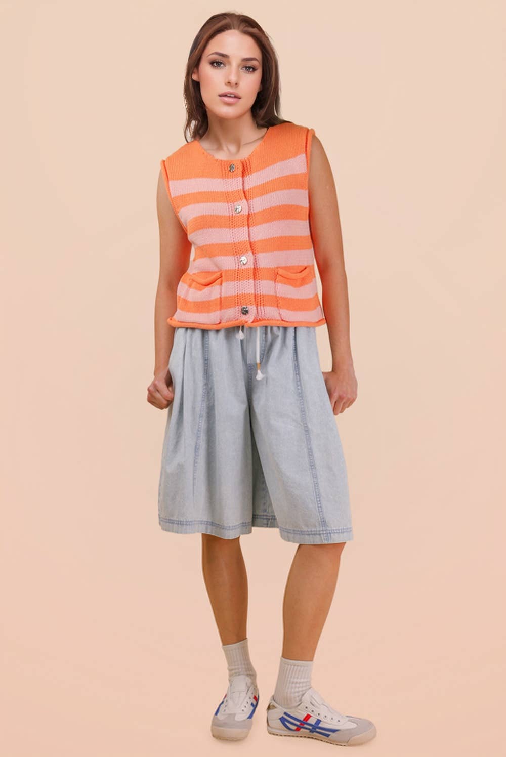 VJ Green Stripe Button Down Knit Sweater Top