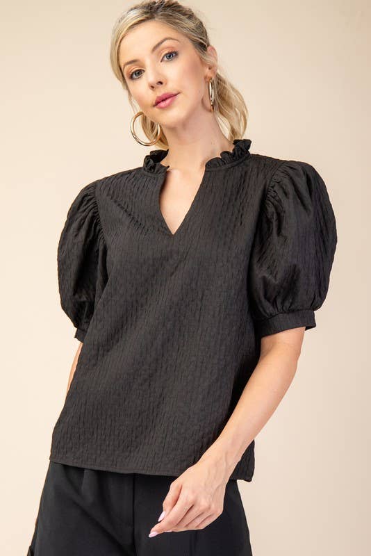 Ruffle V-Neck Puff Sleeve Top