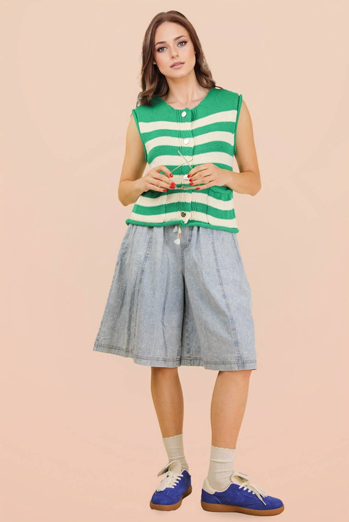VJ Green Stripe Button Down Knit Sweater Top