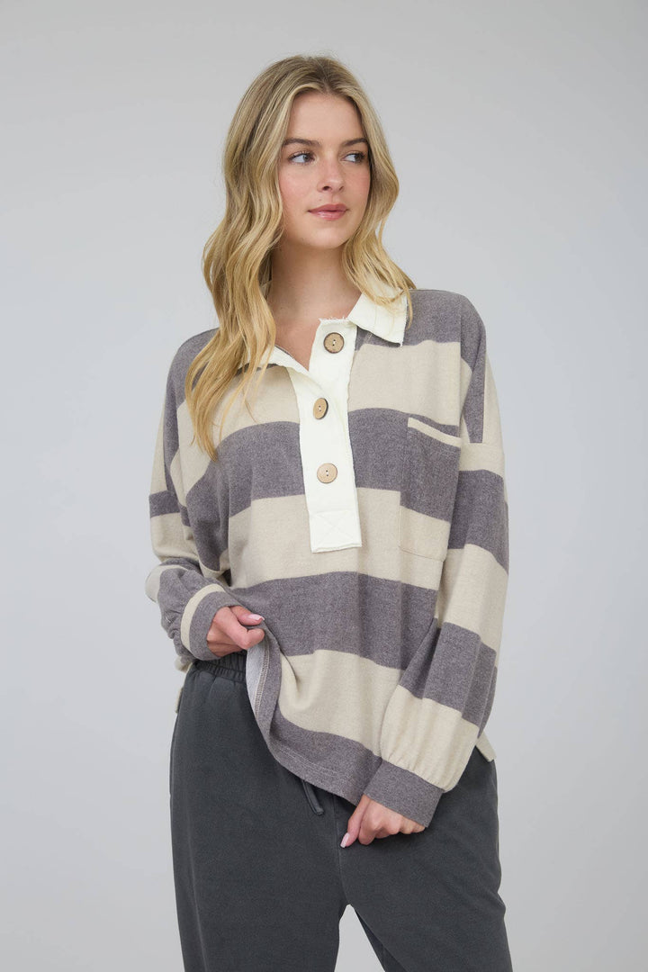 WASHED STRIPE CONTRAST COLLAR LONG SLEEVE KNIT TOP