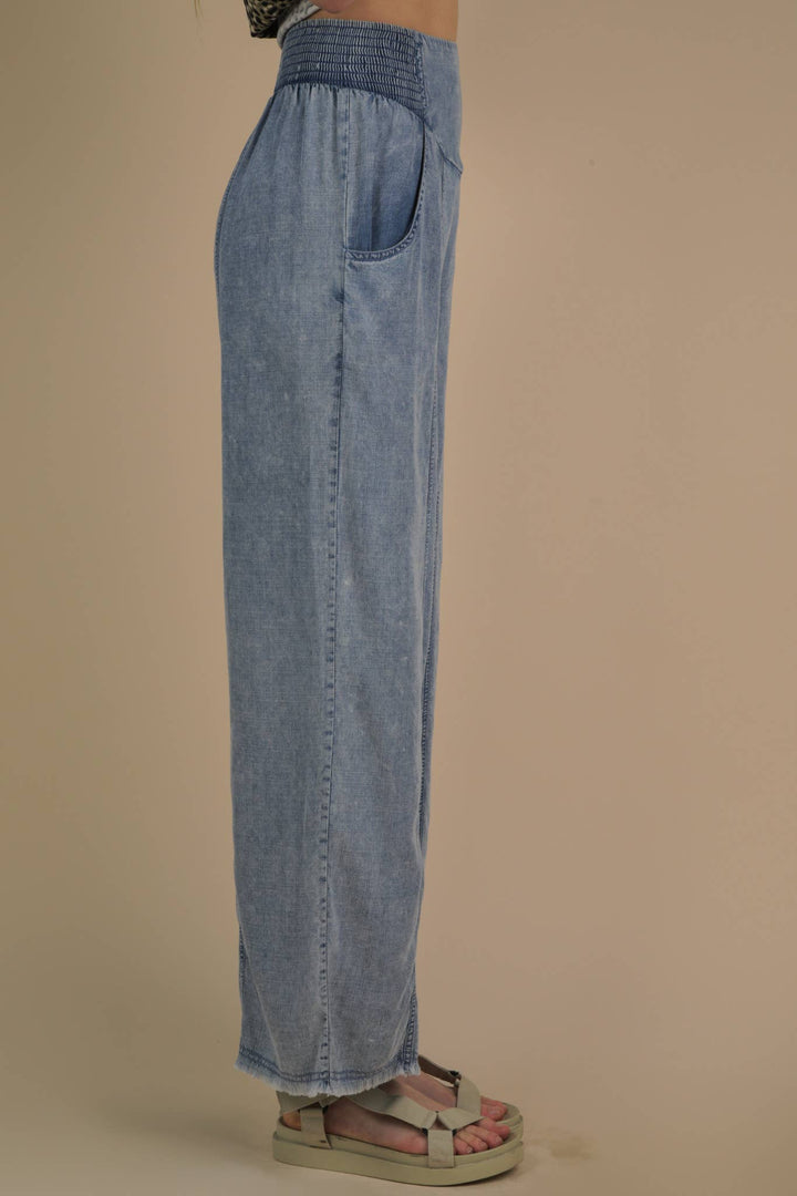 NP70568-Smocking Waist Washed Chambray Wide Pants