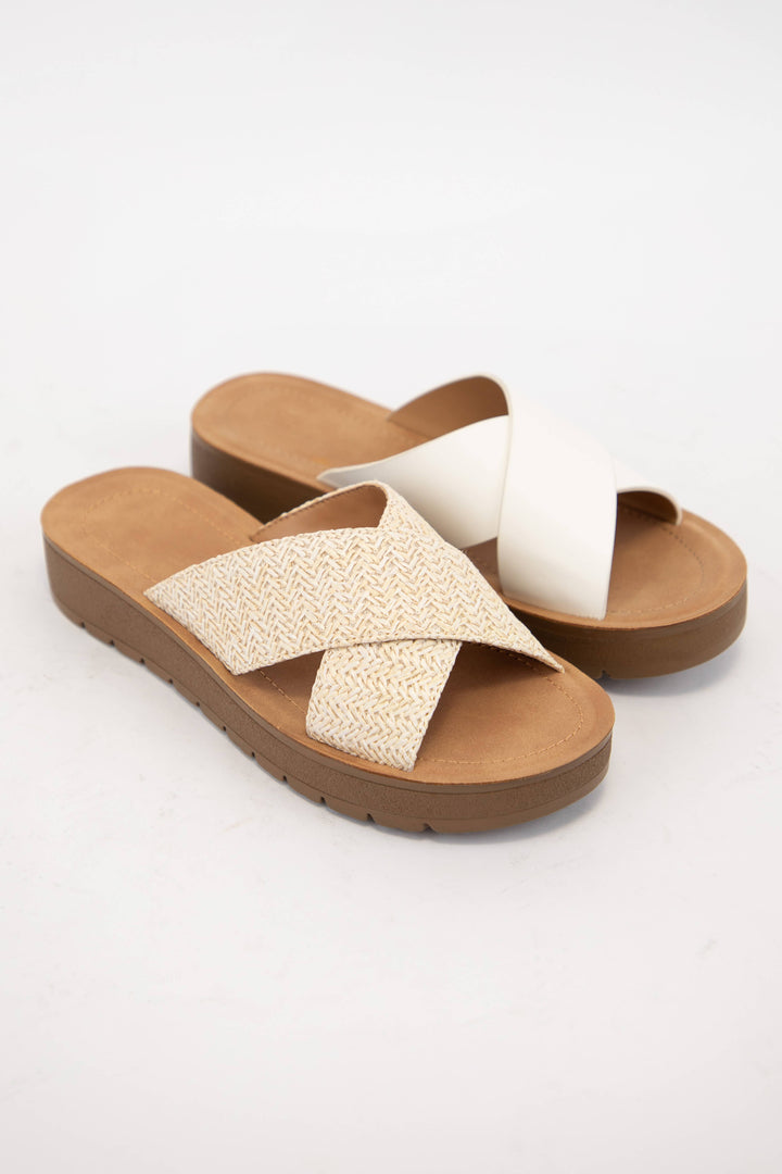LUCY LIGHT-WEIGHT WEDGE PLATFORM CROSS STRAP SLIDE SANDAL