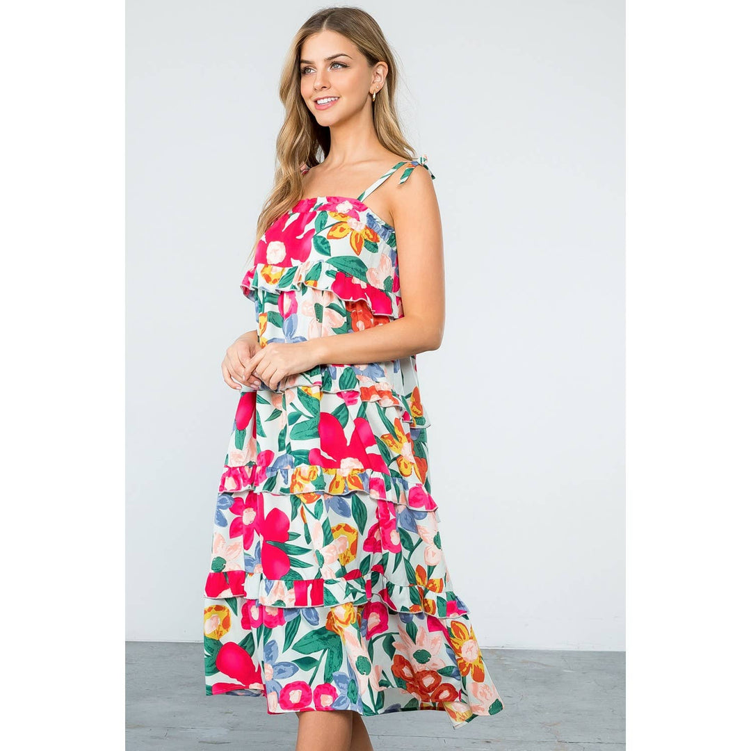 Mint Floral Midi Dress with Ruffle Tiers and Straps