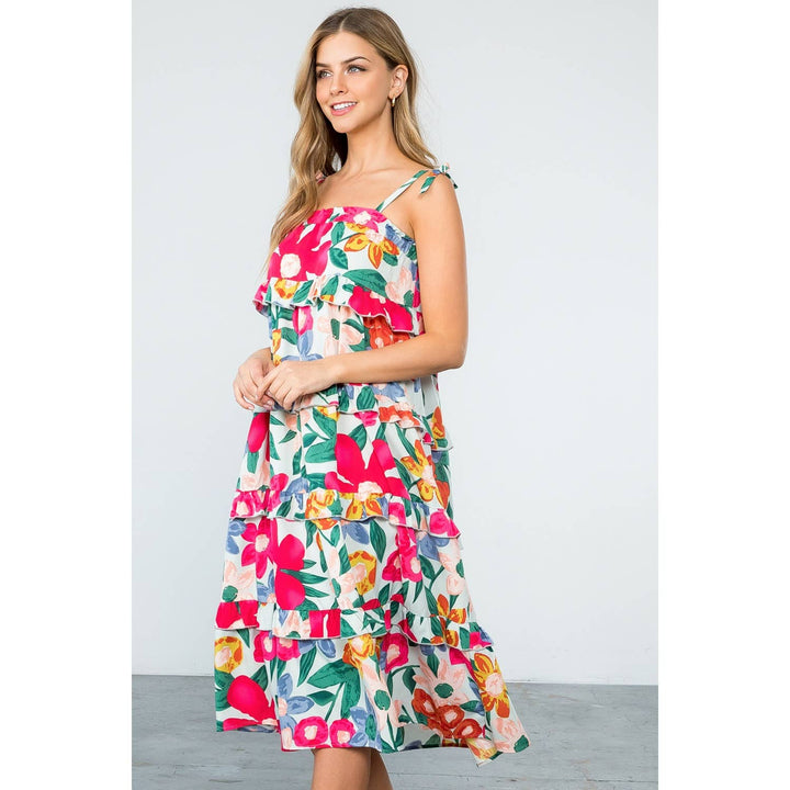 Mint Floral Midi Dress with Ruffle Tiers and Straps