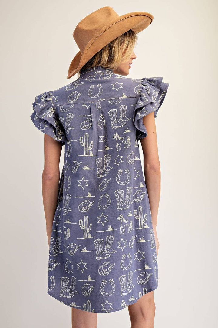 PL9120 - SOFT WASHED WESTERN GRAPHIC BUTTON DOWN MINI DRESS