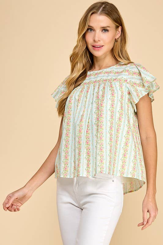 CT8860-Floral Striped Round Neck Ruffle Sleeves Top
