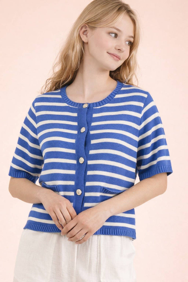 Stripe Button Down Knit Sweater Top Kelly Green