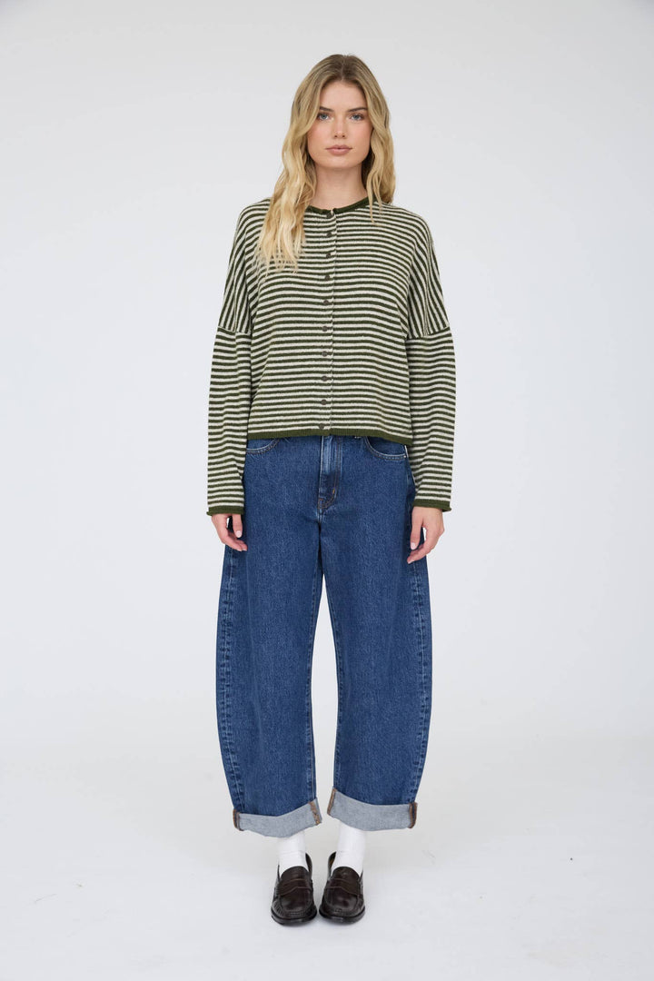 STRIPE RAW EDGE DROP SHOULDER KNIT CARDIGAN