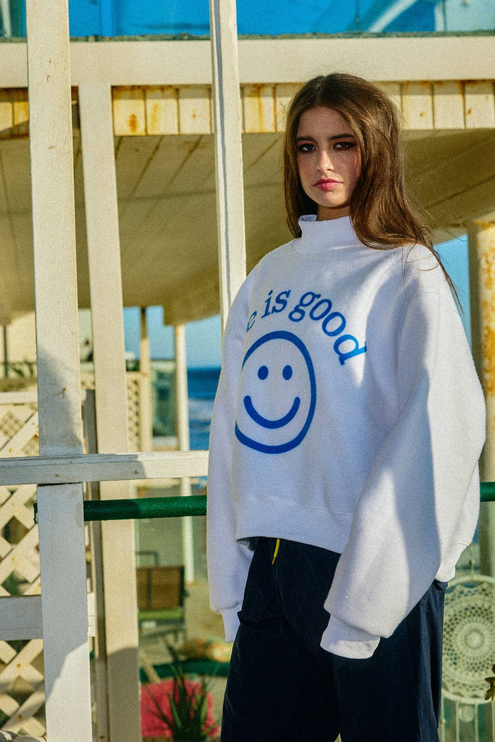 Reversible Graphic Mock-Neck Crop Sweatshirt