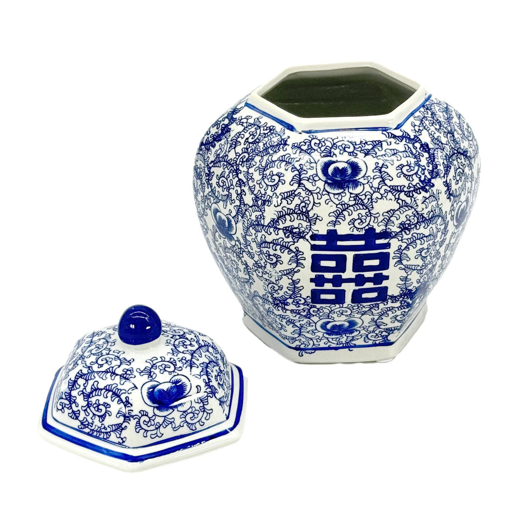 Blue & White Chinoiserie Porcelain Jar 12" Happiness