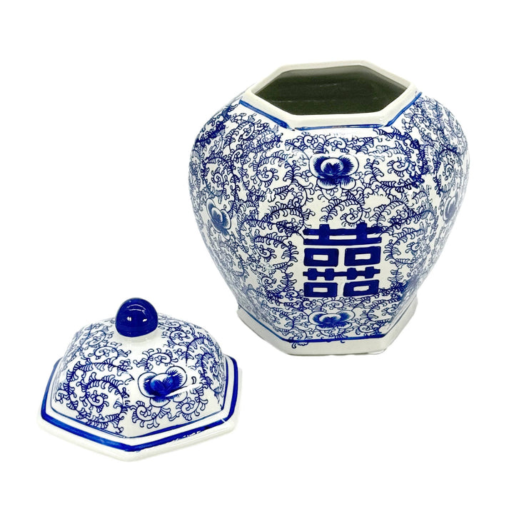 Blue & White Chinoiserie Porcelain Jar 12" Happiness