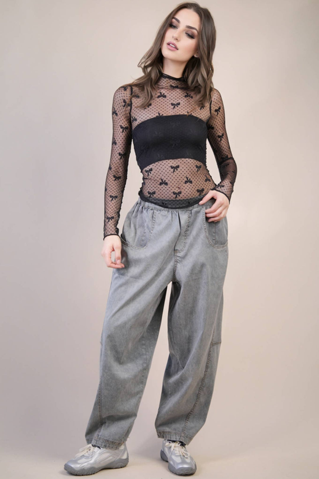 Very J Fitted Sheer Mesh Lace Top