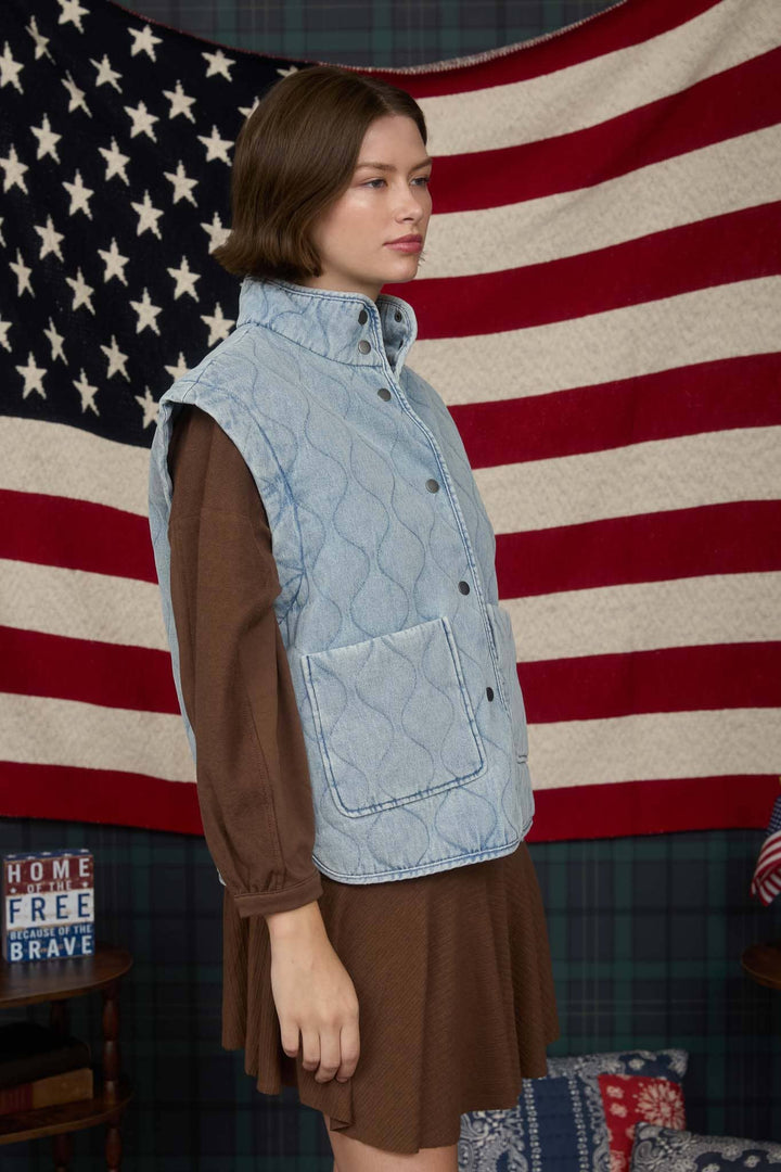 WASHED DENIM QUILTED BUTTON DOWN VEST