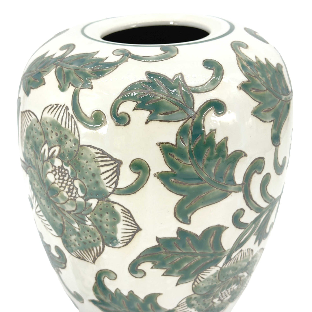 Green & White Floral Ceramic Chinoiserie Ginger Jar 11"