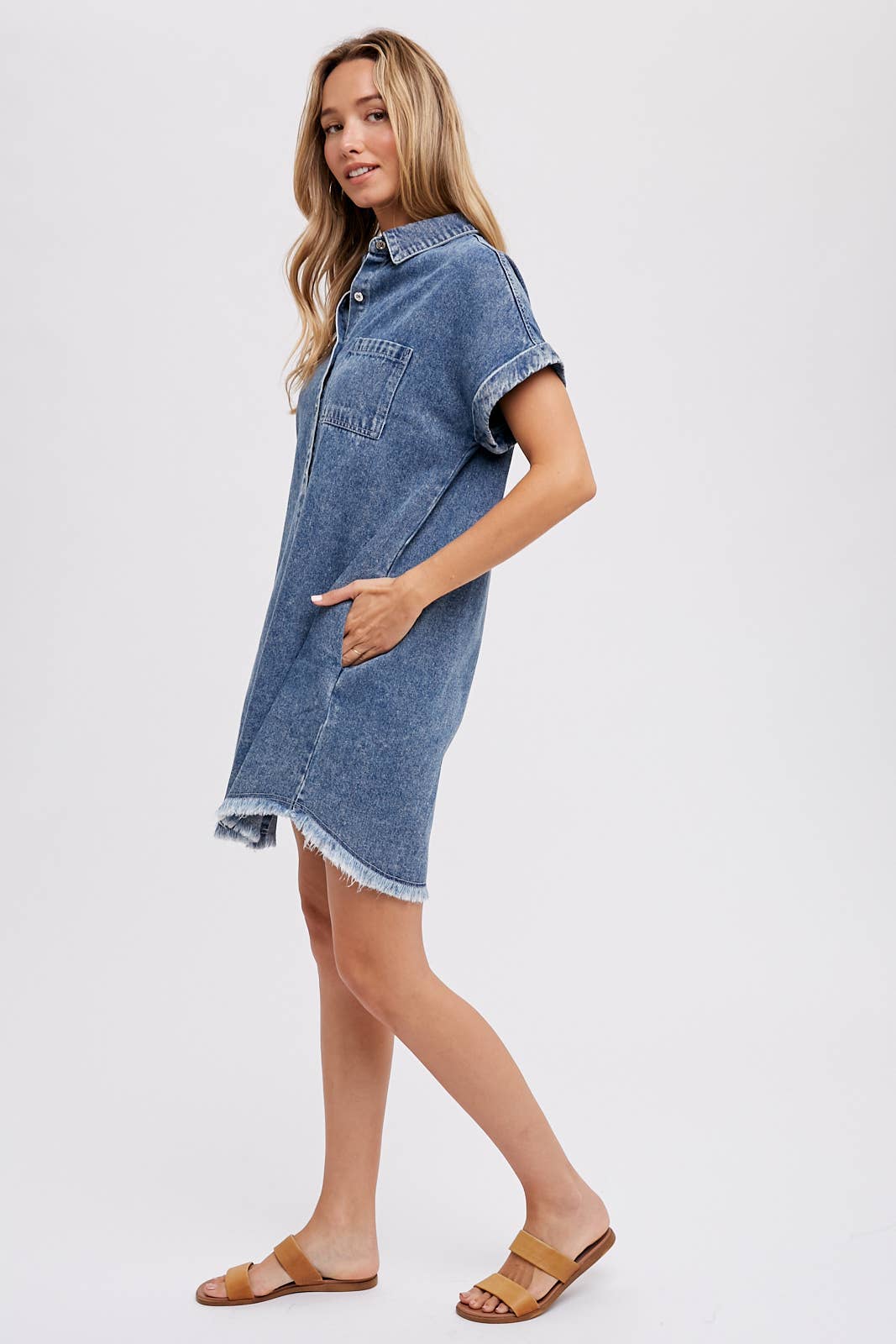 FRAYED HEM WASHED DENIM SHIRT DRESS