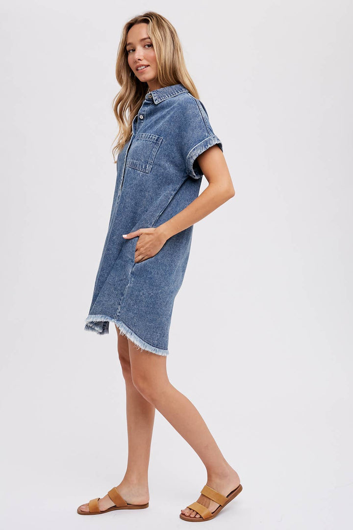 FRAYED HEM WASHED DENIM SHIRT DRESS