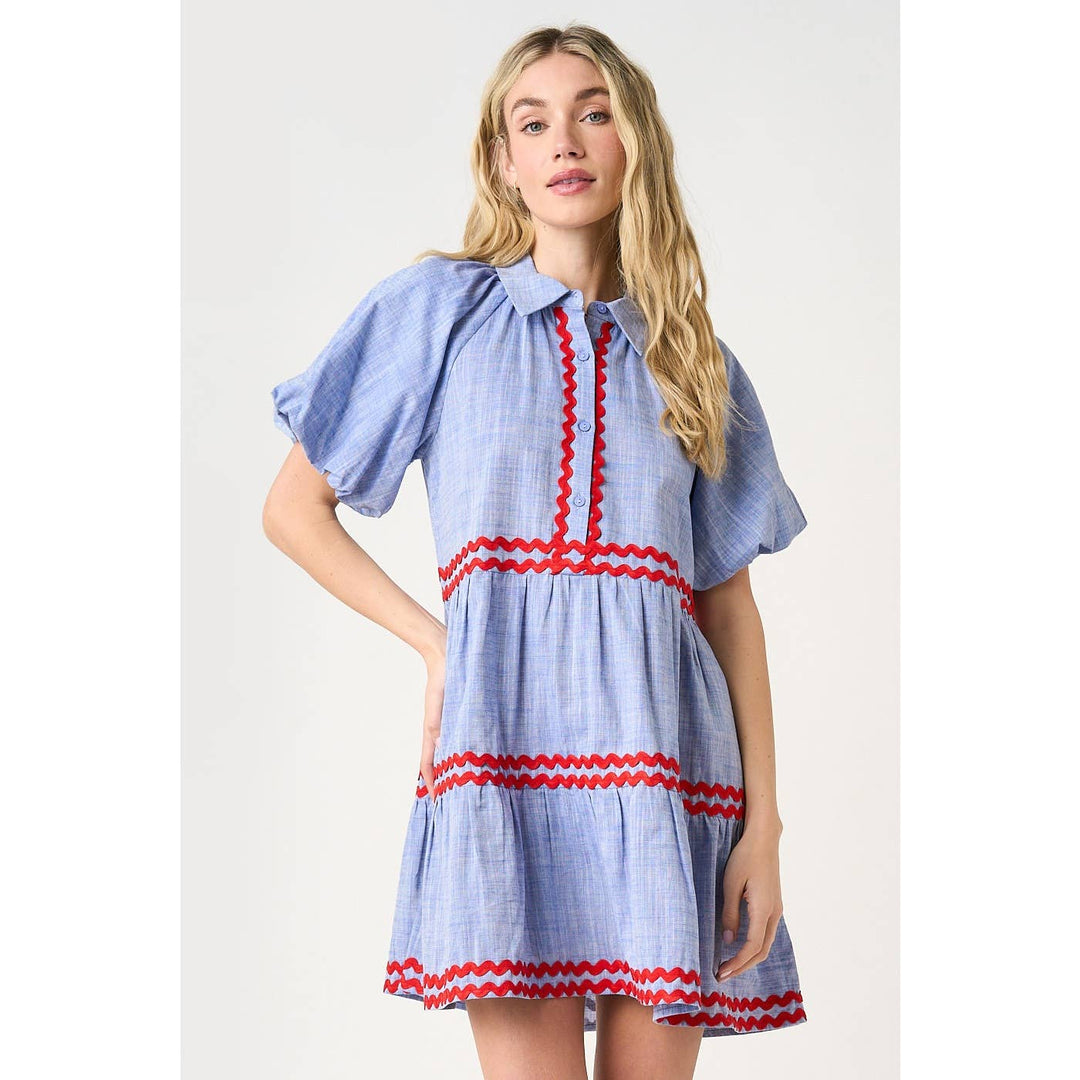 CHAMBRAY ZIG ZAG CONTRAST BUBBLE SLEEVE MINI DRESS