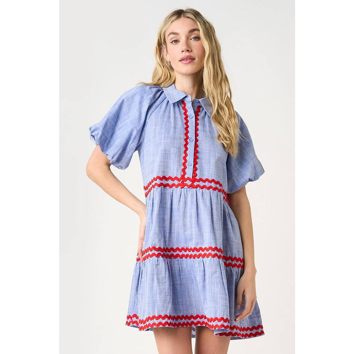CHAMBRAY ZIG ZAG CONTRAST BUBBLE SLEEVE MINI DRESS