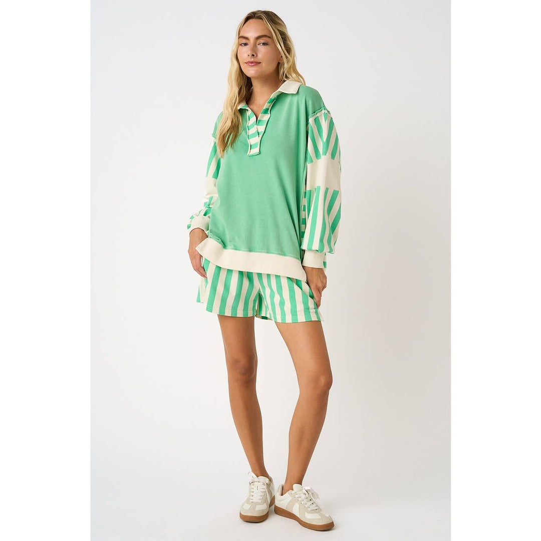 STRIPED COLORBLOCK RUGBY PULLOVER AND SHORTS SET