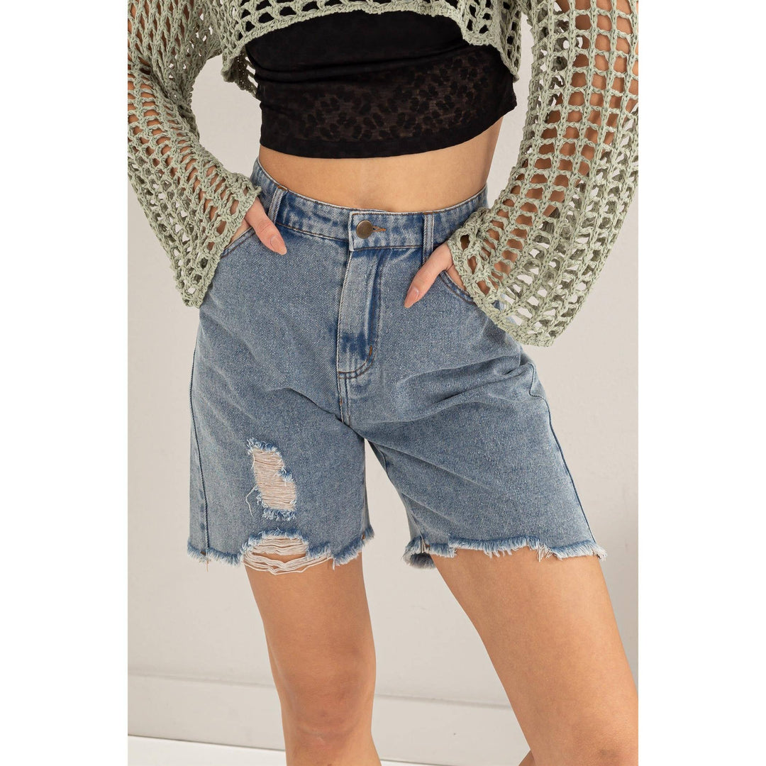 HF24C616-Distressed Bermuda Denim Shorts
