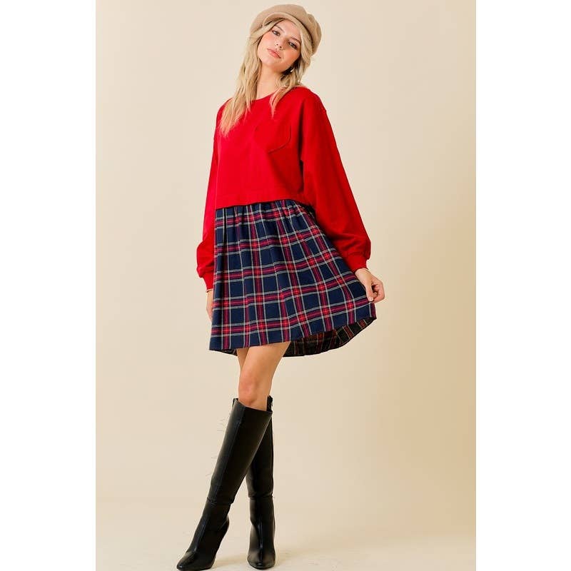 FRENCH TERRY PLAID MINI DRESS