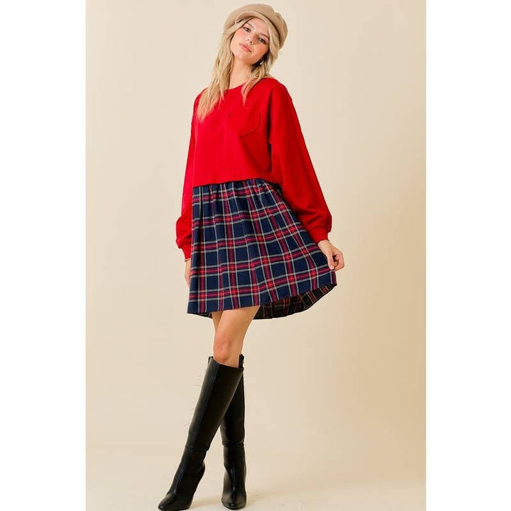 FRENCH TERRY PLAID MINI DRESS