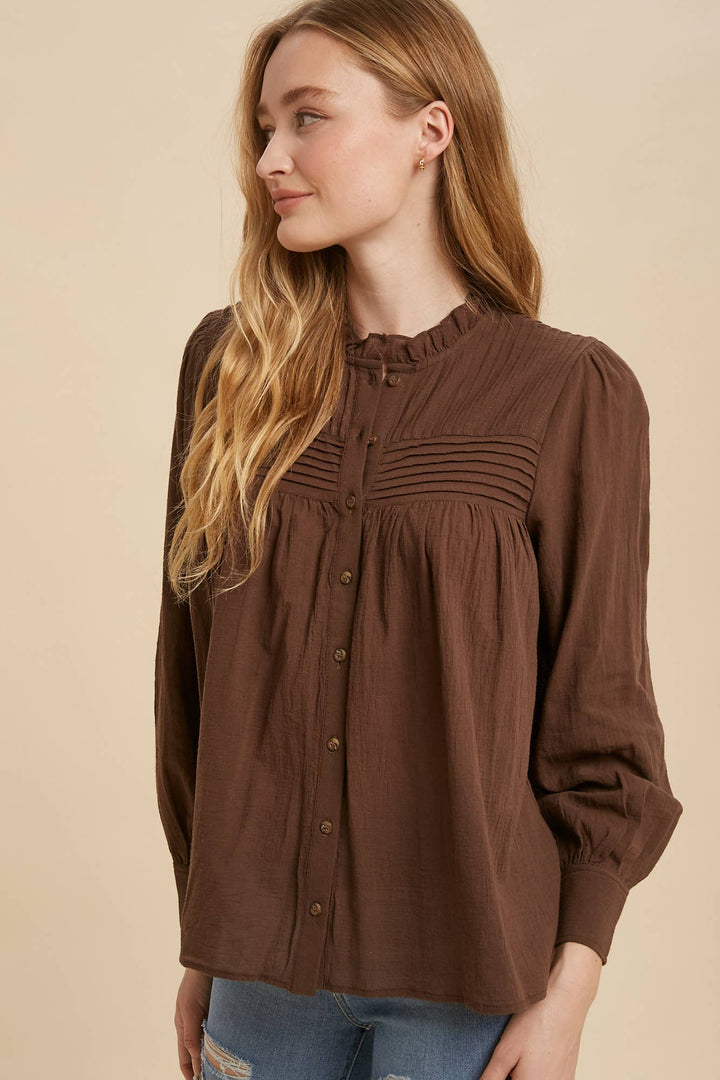 PINTUCK PLEATED MOCK NECK BLOUSE