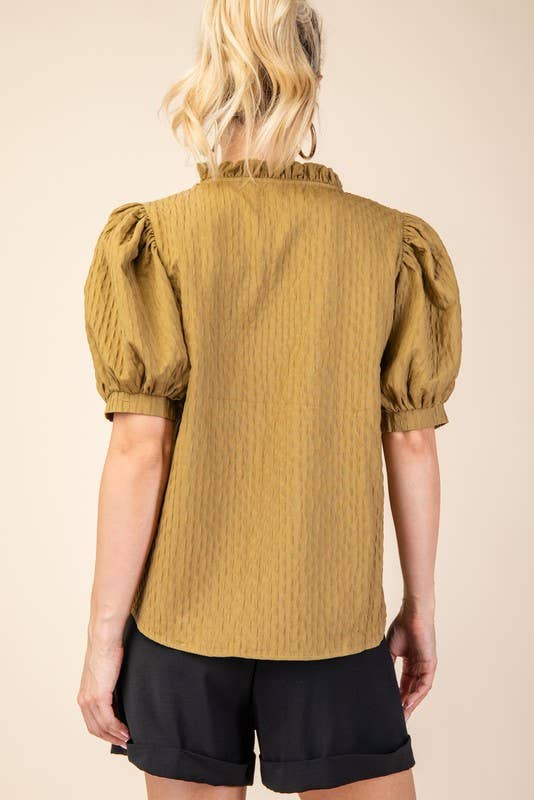 Ruffle V-Neck Puff Sleeve Top