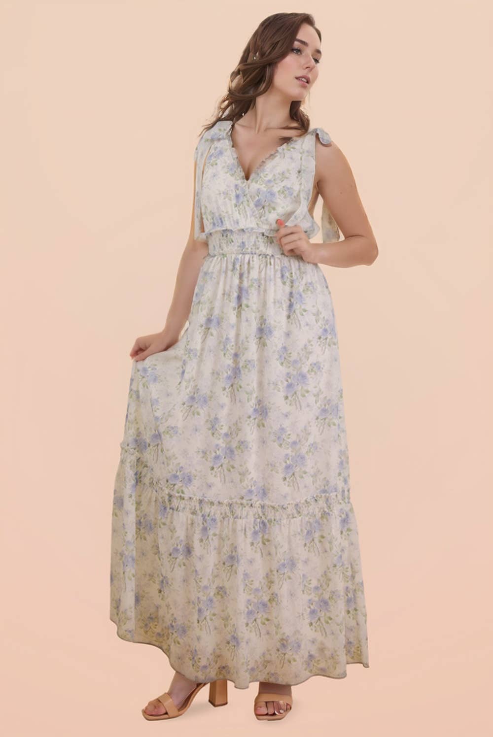 Floral Blue Printed Shoulder Strap Midi Dress