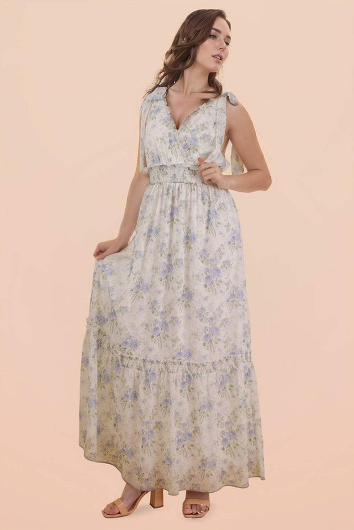 Floral Blue Printed Shoulder Strap Midi Dress
