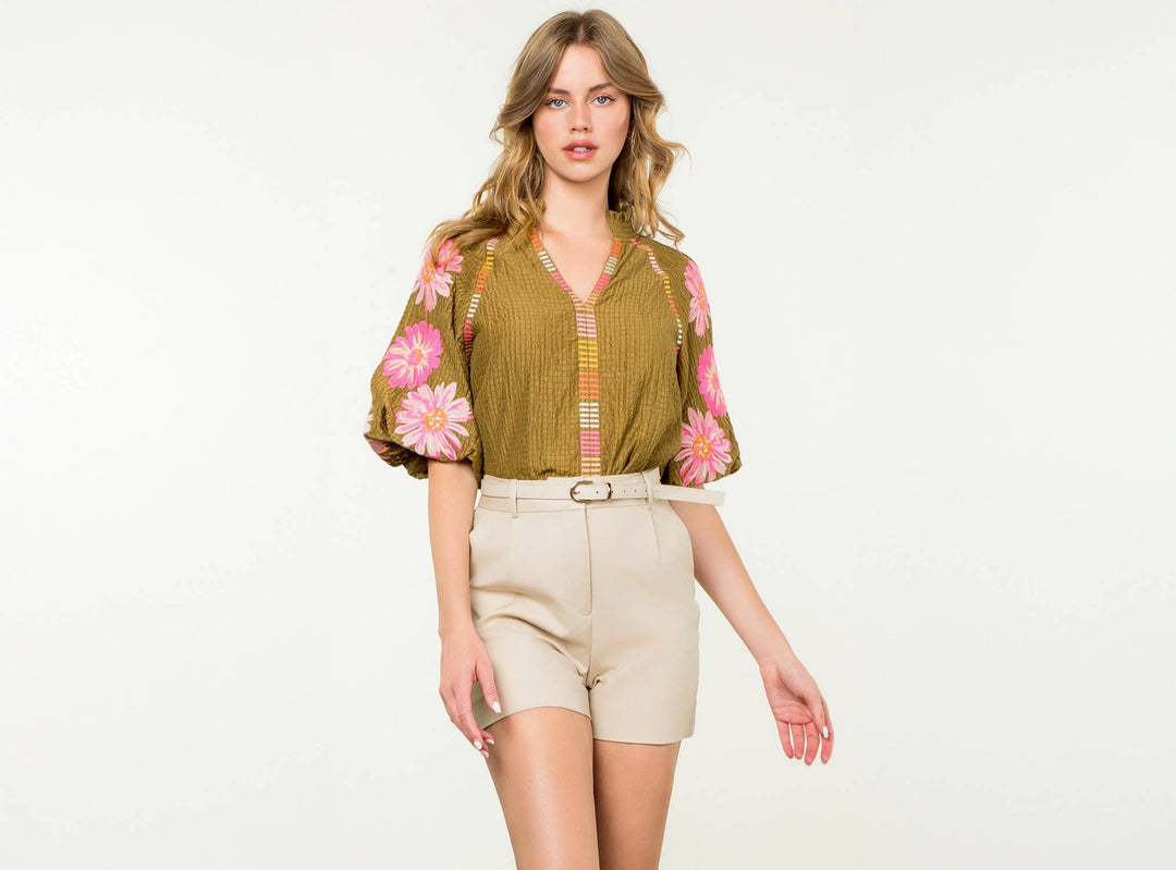 Embroidered Puff Sleeve Textured Floral Top