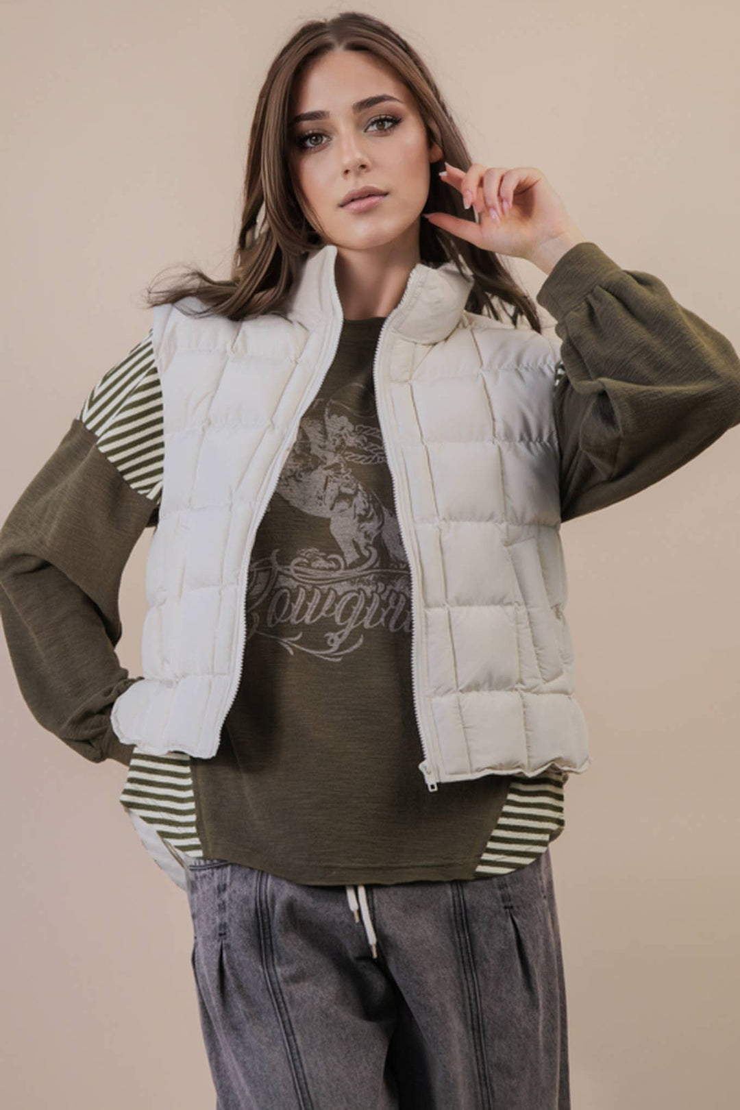 NJ90282-Solid & Leopard Puffer Padded Warm Vest