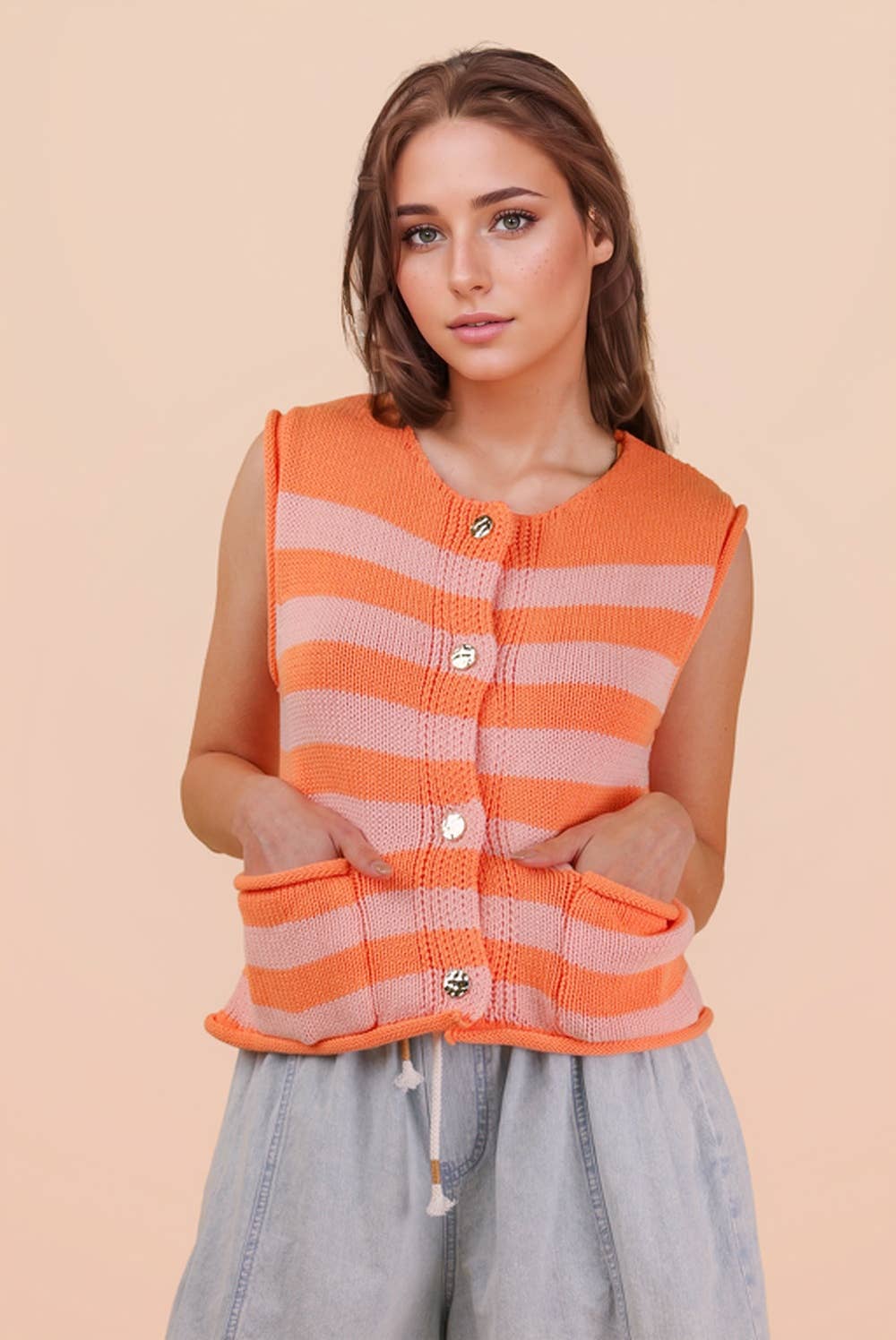 VJ Green Stripe Button Down Knit Sweater Top