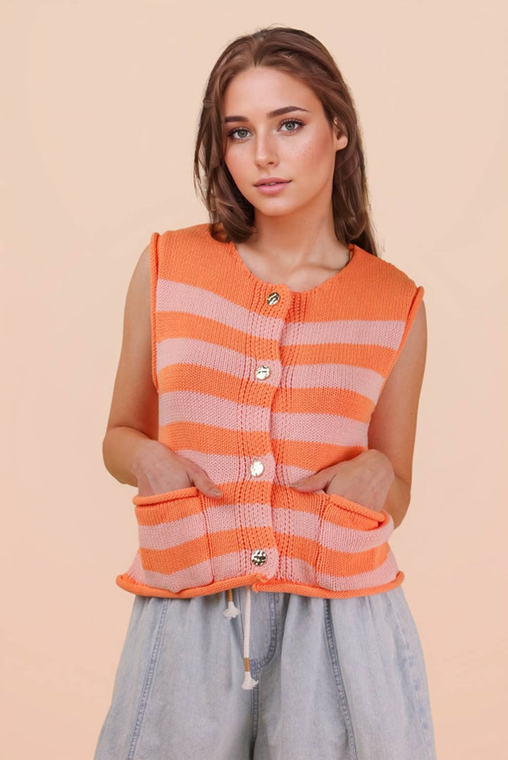 VJ Green Stripe Button Down Knit Sweater Top