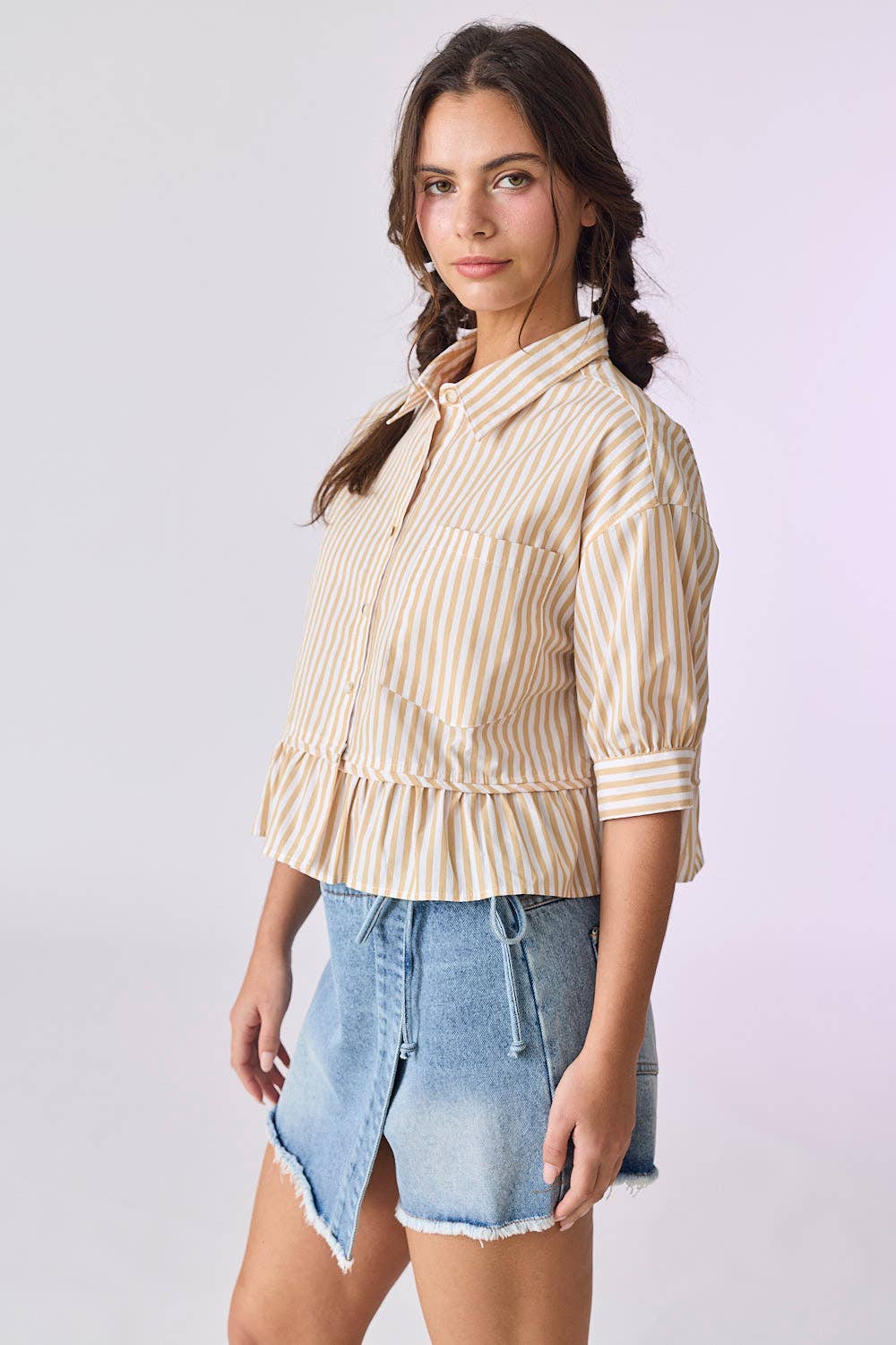 PT18030 - Violet 3/4" Sleeve Peplum Button Down Top