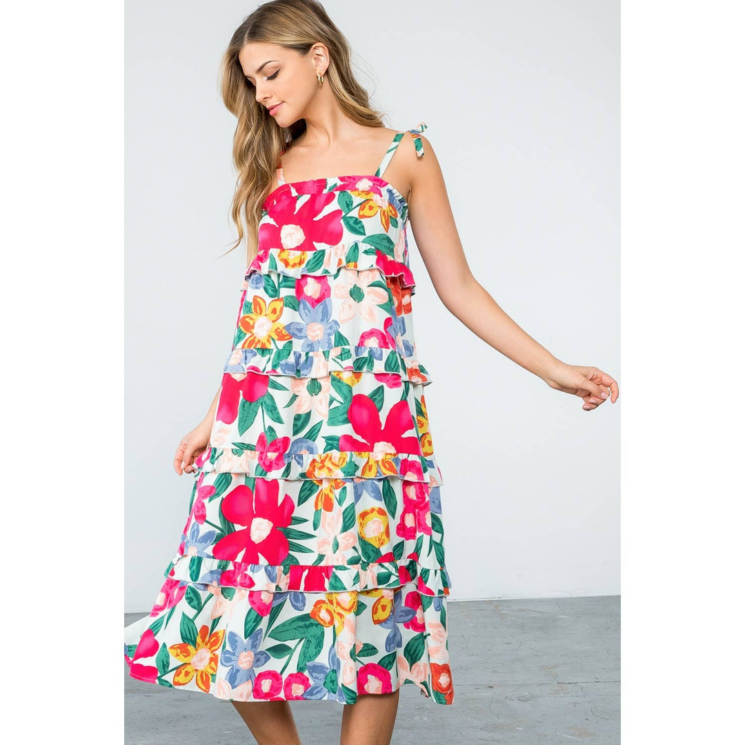 Mint Floral Midi Dress with Ruffle Tiers and Straps