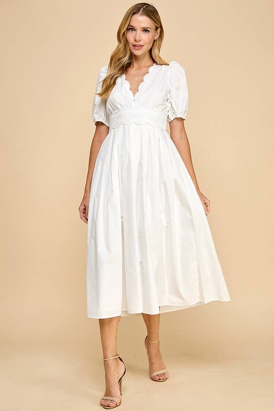 -V Neckline Scalloped Detail Midi Dress
