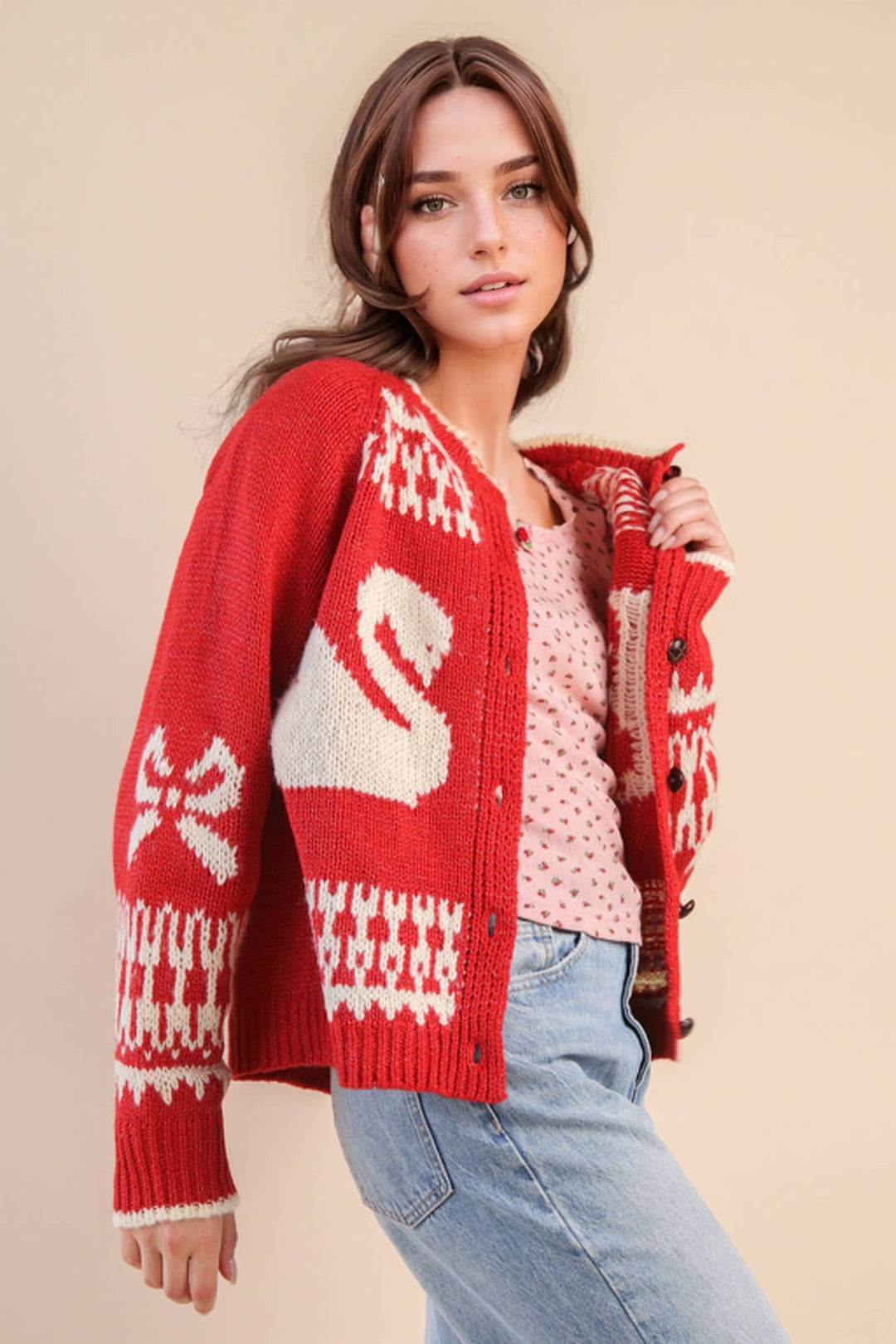 Very J Oversized Graphic Swan Sweater Cardigan