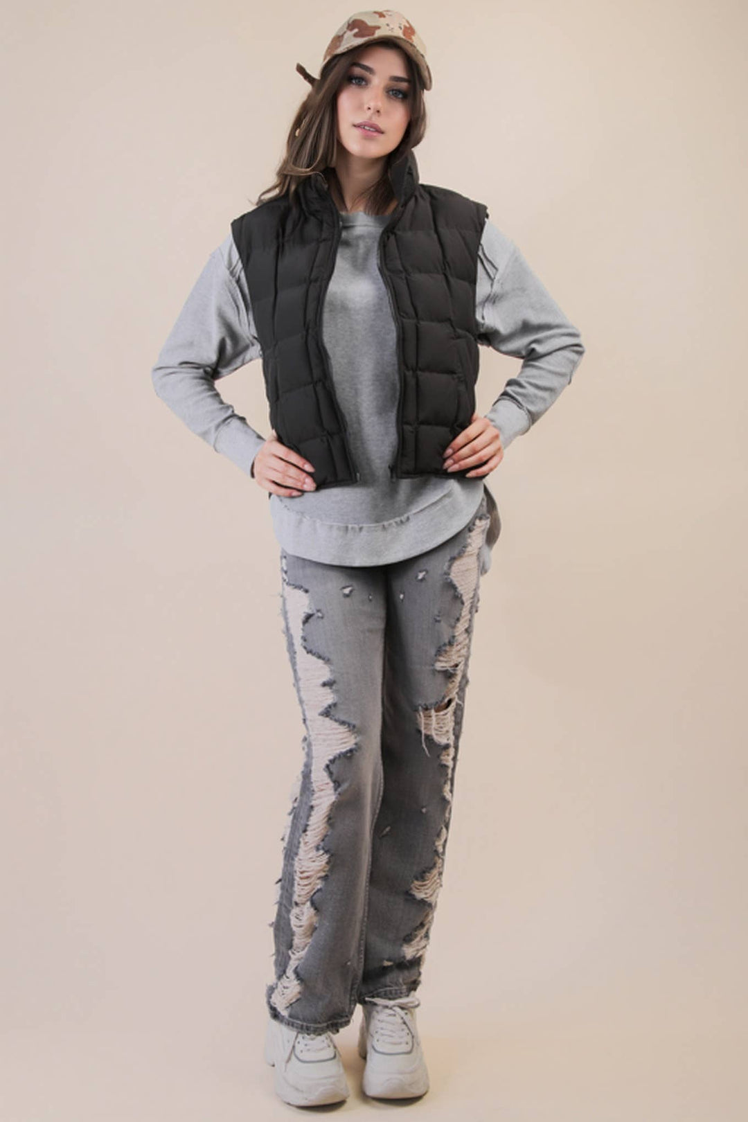 NJ90282-Solid & Leopard Puffer Padded Warm Vest
